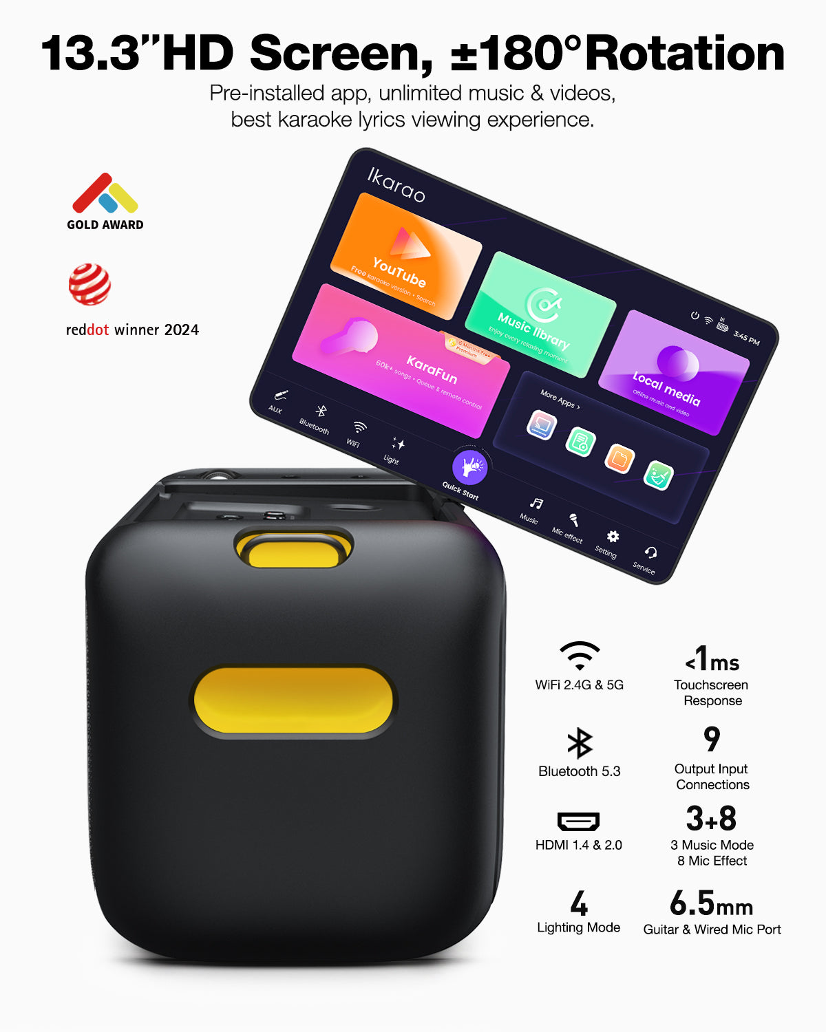 Ikarao Karaoke Machine for Adults, Built-in 13.3-inch Screen, Portable Bluetooth Speaker with 2 Wireless Mics for TV, Music Party